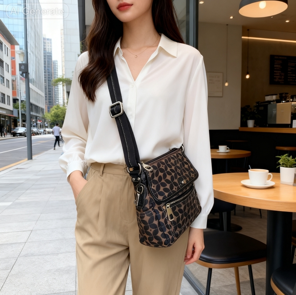Fossil Marlow Crossbody Bag in Black and Tan Jacquard With Leather Trim